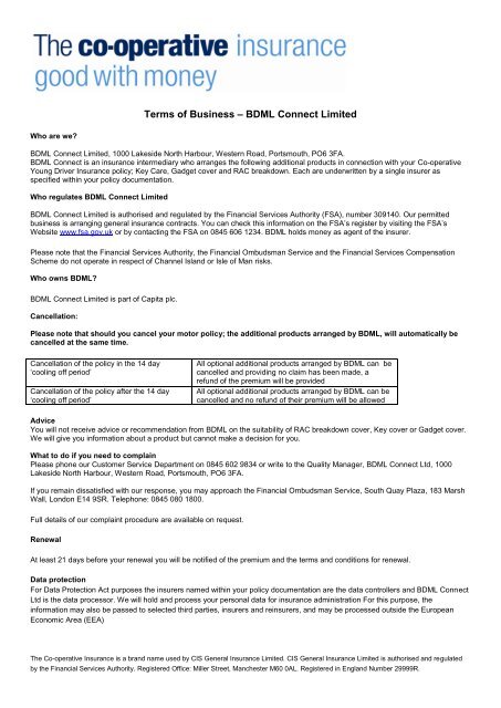 Bdml Terms Of Business Agreement The Co Operative Insurance