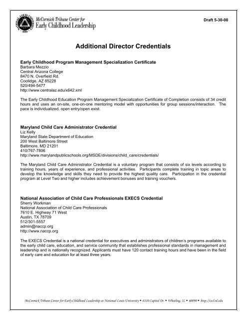 Additional Director Credentials - Leadership to INtegrate the Early ...