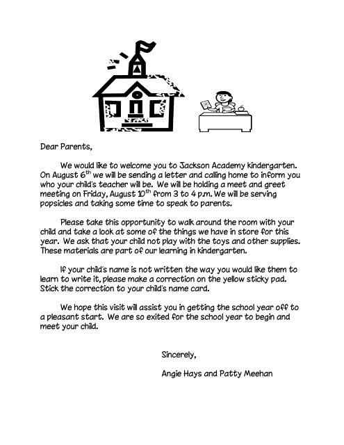 Welcome To Kindergarten Letter To Parents