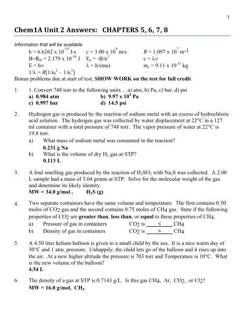 Study Guide Chem 1a Unit 2 Chapters 3 4 7 8 Moorpark College