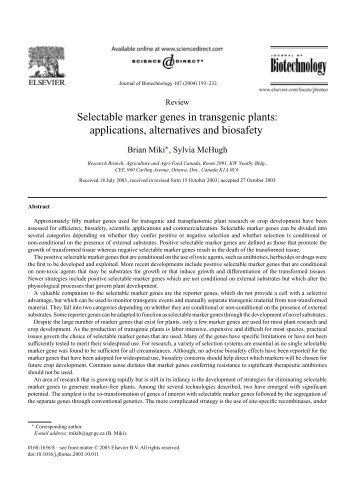 Selectable marker genes in transgenic plants - Ministère de l ...