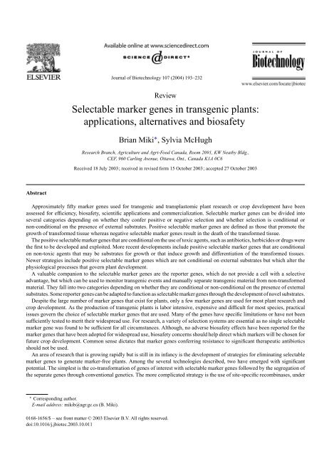Selectable marker genes in transgenic plants - Ministère de l ...