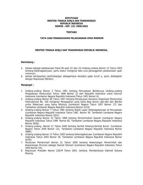 keputusan menteri tenaga kerja dan transmigrasi republik indonesia ...