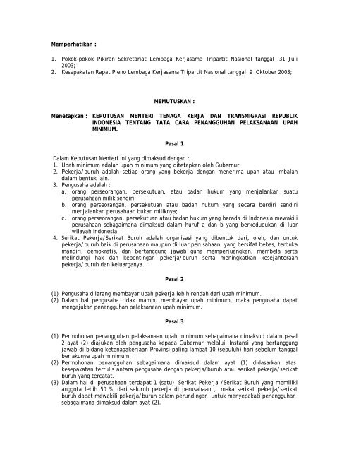 keputusan menteri tenaga kerja dan transmigrasi republik indonesia ...