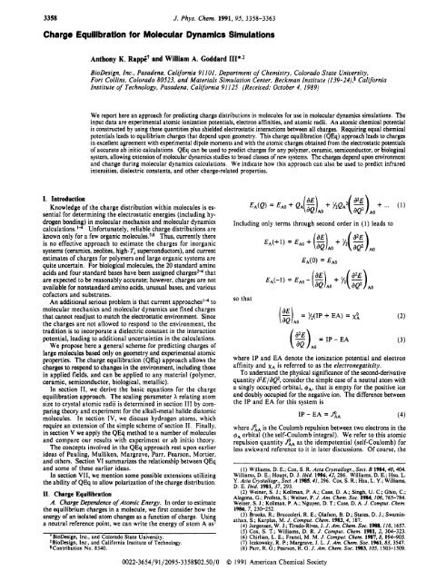 Charge Equilibration for Molecular Dynamics Simulations