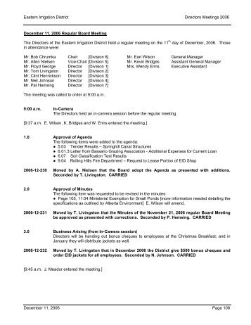 Eastern Irrigation District Directors Meetings 2006 December 11 ...
