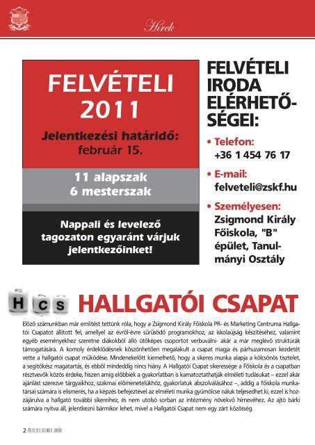 FELVÃTELI - Zsigmond KirÃ¡ly FÅiskola