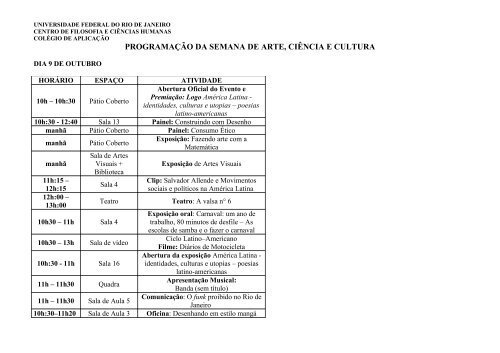 programação da semana de arte e cultura do - Colégio de ...