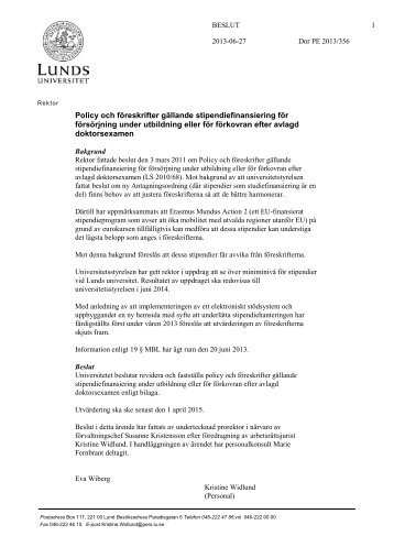 Policy och fÃ¶reskrifter fÃ¶r stipendiefinansiering - Lunds universitet