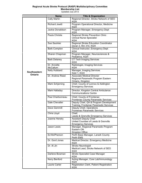 Regional Acute Stroke Protocol (RASP) Multidisciplinary Committee