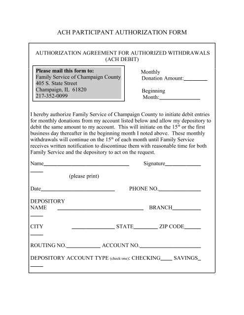 Printable ACH Authorization Form PDF Family Service