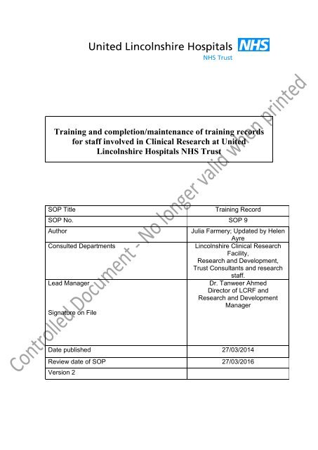 SOP 9- Training Record - United Lincolnshire Hospitals NHS Trust