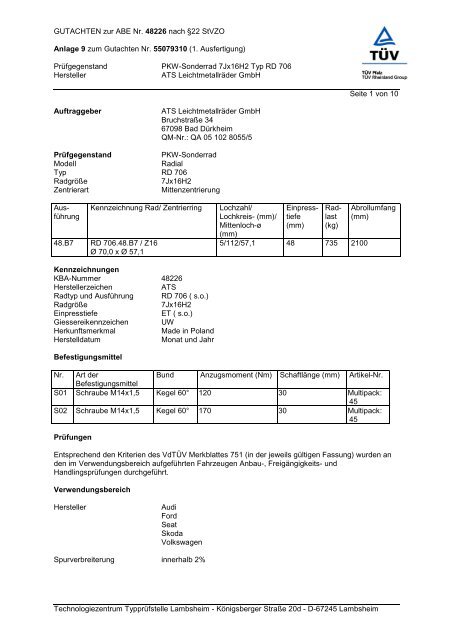 GUTACHTEN zur ABE Nr. 48226 nach Â§22 StVZO Anlage 9 zum ...