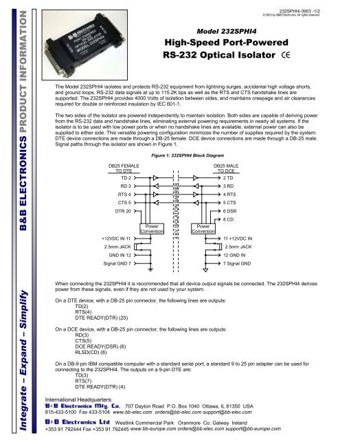 232SPHI4 - Datasheet - High-Speed Port-Powered RS-232 Optical ...