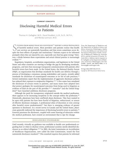 Disclosing Harmful Medical Errors to Patients - Harvard University