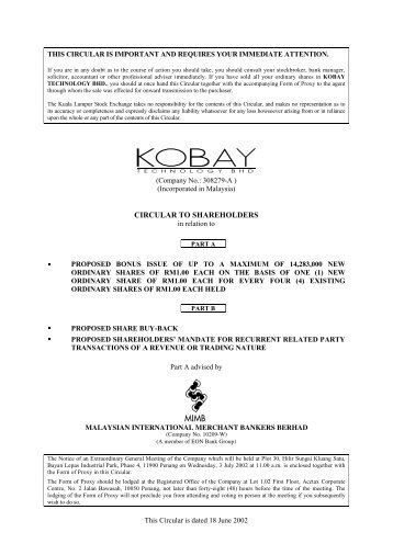 CIRCULAR TO SHAREHOLDERS - Kobay Technology Bhd