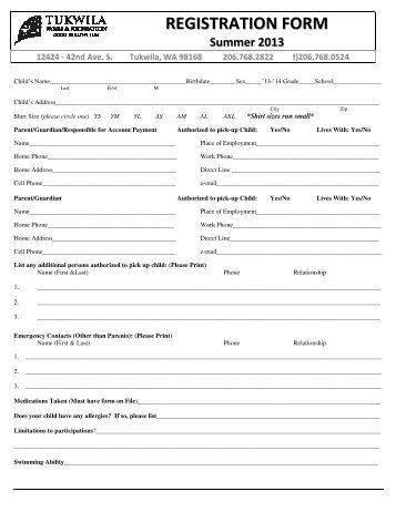 Summer Camp Registration Form - the City of Tukwila