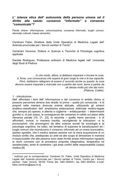 L' istanza etica dell' autonomia della persona umana ed il diritto alla ...