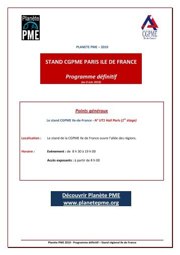 STAND CGPME PARIS ILE DE FRANCE Programme définitif