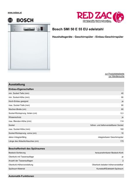 Produktdatenblatt Bosch SMI 50 E 55 EU edelstahl - Red Zac