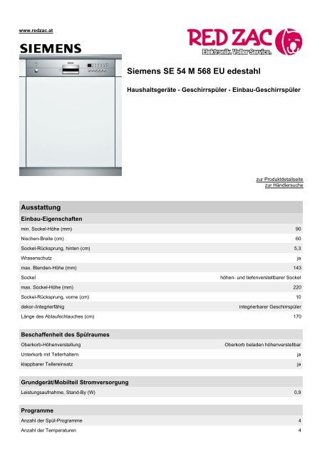 Produktdatenblatt Siemens SE 54 M 568 EU edestahl - Red Zac