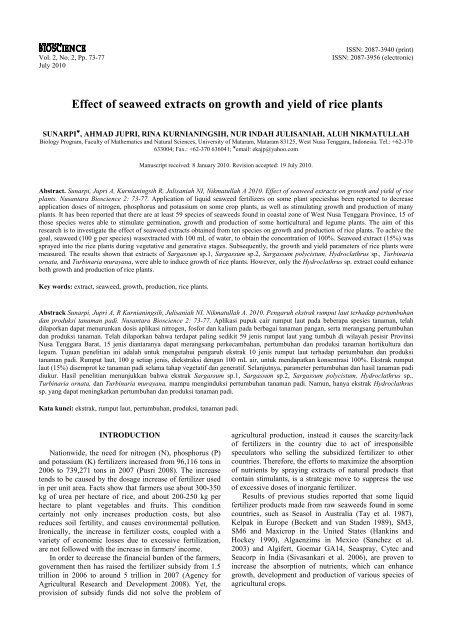 Effect of seaweed extracts on growth and yield of rice plants