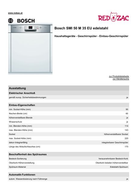 Produktdatenblatt Bosch SMI 50 M 35 EU edelstahl - Red Zac