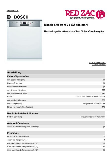 Produktdatenblatt Bosch SMI 50 M 75 EU  edelstahl - Red Zac