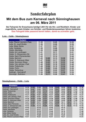 Sonderfahrplan Mit dem Bus zum Karneval nach Sünninghausen ...