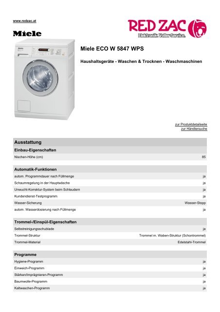 Produktdatenblatt Miele ECO W 5847 WPS - Red Zac