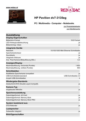Produktdatenblatt HP Pavilion dv7-3135eg - Red Zac
