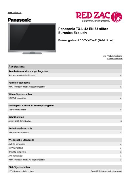 Panasonic TX-L 42 EN 33 silber Euronics Exclusiv - Red Zac