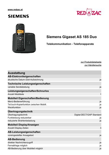 Produktdatenblatt Siemens Gigaset AS 185 Duo - Red Zac