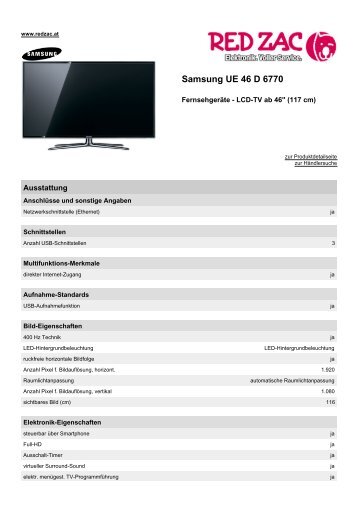 Produktdatenblatt Samsung UE 46 D 6770 - Red Zac