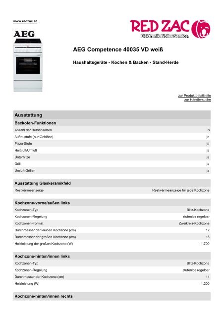 Produktdatenblatt AEG Competence 40035 VD weiÃƒÂŸ - Red Zac