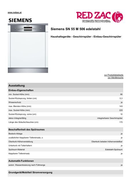 Produktdatenblatt Siemens SN 55 M 506 edelstahl - Red Zac