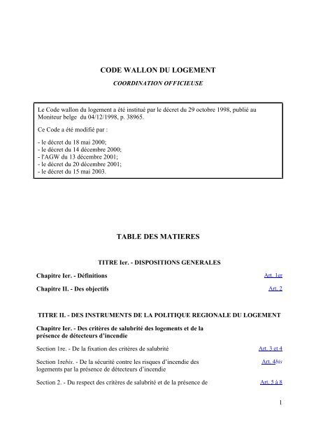 CODE WALLON DU LOGEMENT TABLE DES MATIERES - Pim.be