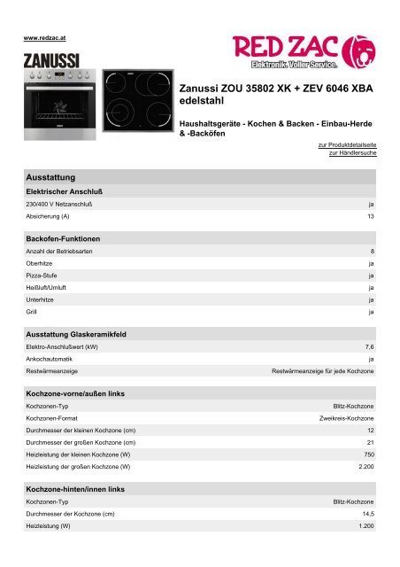 Produktdatenblatt Zanussi ZOU 35802 XK + ZEV 6046 ... - Red Zac