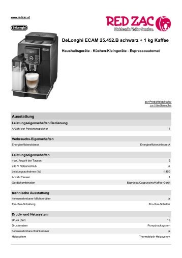 Produktdatenblatt DeLonghi ECAM 25.452.B schwarz + 1 ... - Red Zac