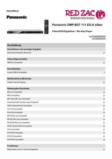 Produktdatenblatt Panasonic DMP-BDT 111 EG-S silber - Red Zac
