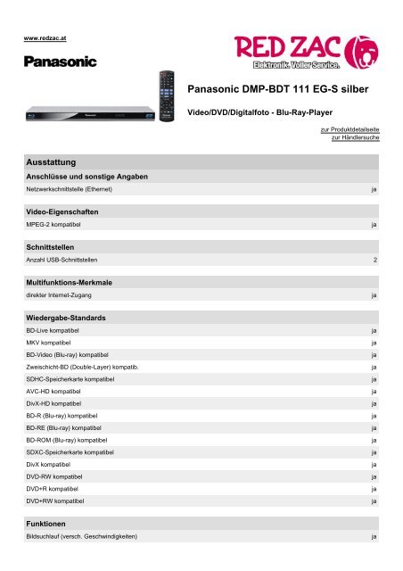 Produktdatenblatt Panasonic DMP-BDT 111 EG-S silber - Red Zac