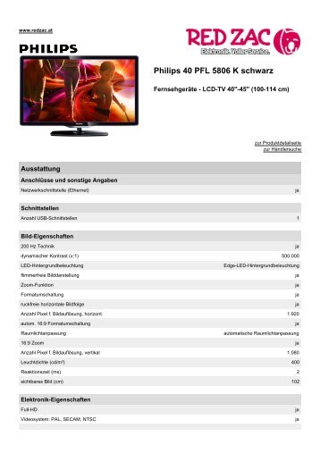 Produktdatenblatt Philips 40 PFL 5806 K schwarz - Red Zac