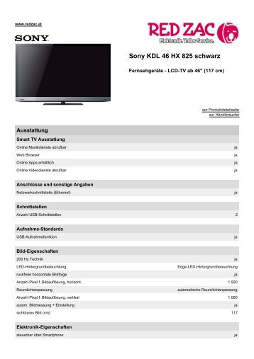 Produktdatenblatt Sony KDL 46 HX 825 schwarz - Red Zac
