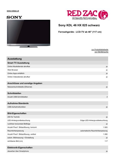 Produktdatenblatt Sony KDL 46 HX 825 schwarz - Red Zac