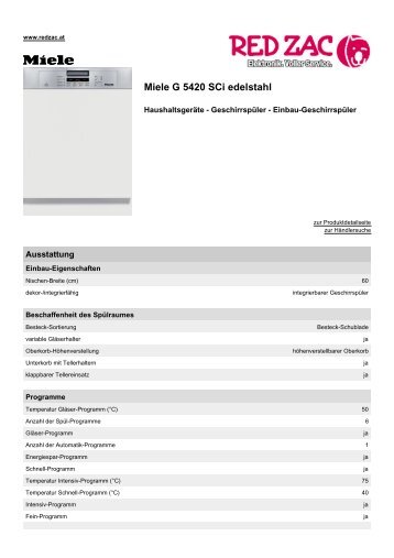 Produktdatenblatt Miele G 5420 SCi edelstahl - Red Zac