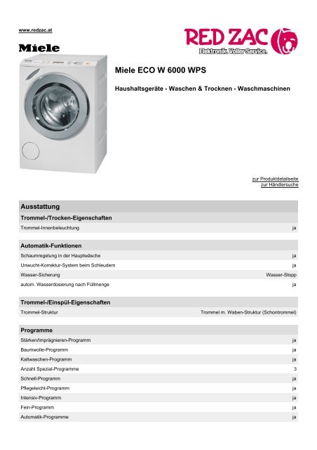 Produktdatenblatt Miele ECO W 6000 WPS - Red Zac