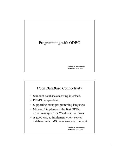 Programming with ODBC Open DataBase Connectivity