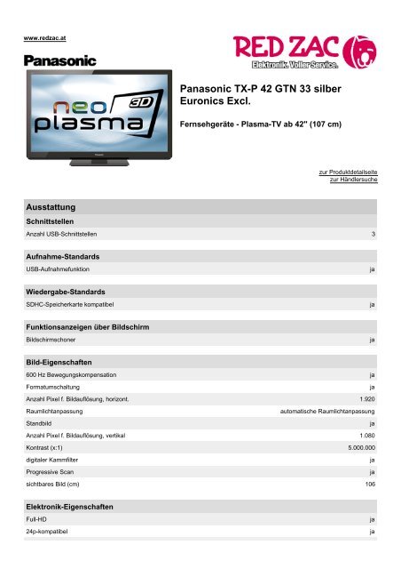 Panasonic TX-P 42 GTN 33 silber Euronics Excl. - Red Zac