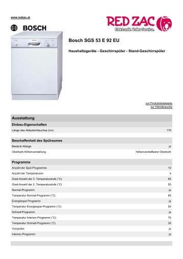 Produktdatenblatt Bosch SGS 53 E 92 EU - Red Zac