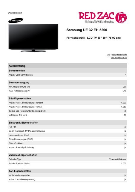 Produktdatenblatt Samsung UE 32 EH 5200 - Red Zac